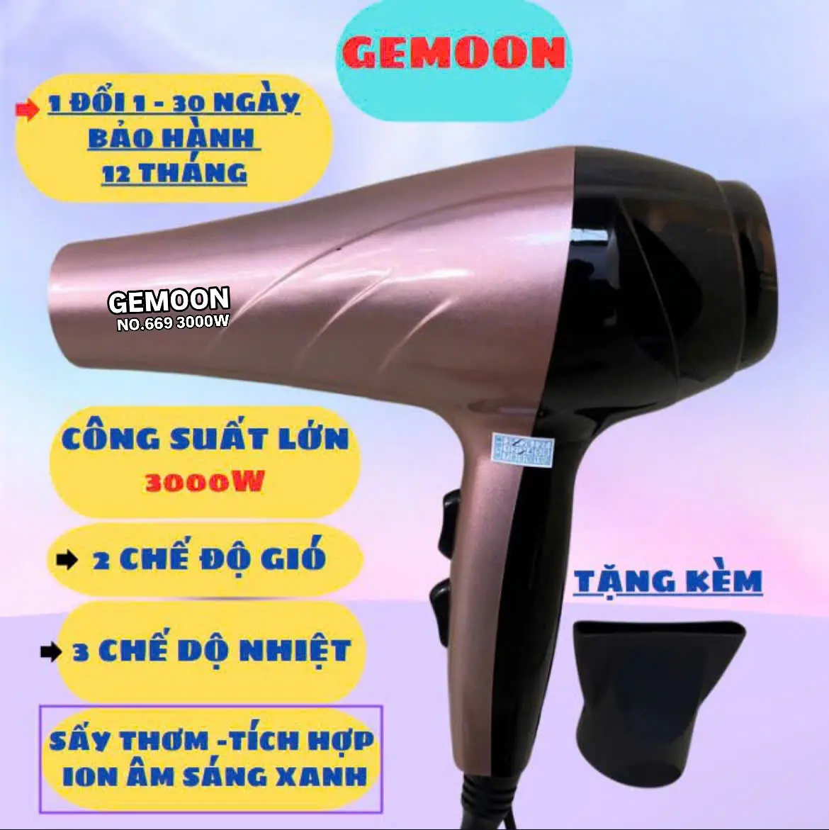 [G]  Máy Sấy Tóc Thơm GEMOON 3000W Sấy Tóc Thơm Tạo Kiểu 2 chiều nóng lạnh, 3 chế độ nhiệt, công suất lớn tích hợp công nghệ ION âm bảo vệ tóc, giảm khô sơ kèm đầu thổi có ánh sáng xanh