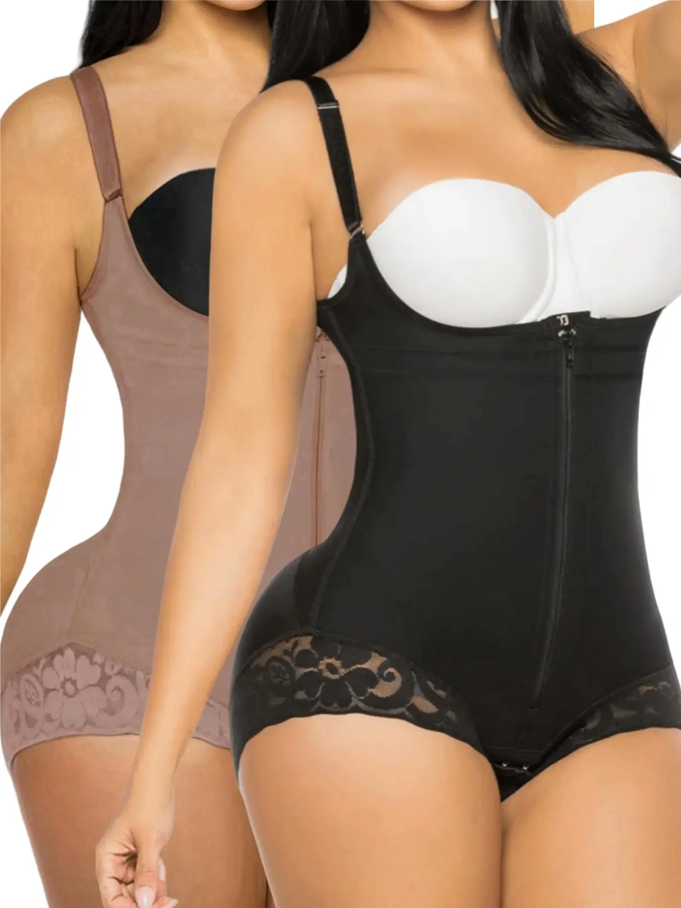Fajas Colombianas Women's Contrast Lace Zipper Shapewear Bodysuit,Adjustable Strap Tummy Control Butt Lifter Shaper,Women's Shapewear for All Seasons