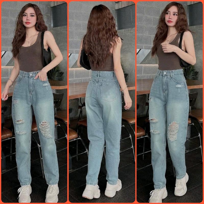 Quần Baggy jeans nữ lưng cao rách tông màu xanh sáng, quần dài 95cm, chất jean cotton mềm không giản. 356 Women Pants Denim