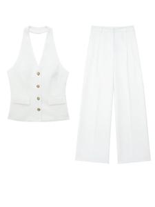 Two-piece Set Women's Solid Halter Backless Tank Top & Wide Leg Pants, Fashion Casual Button Front Top & High Waist Pocket Troussr Work Office Business, Ladies Summer Clothes