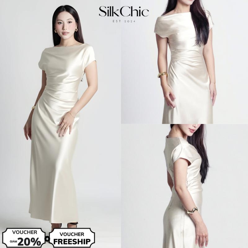  Váy Lụa Lệch Vai Quyến Rũ SC759 Váy Đầm Lụa Rớt Vai Ôm Body Sang Trọng Thanh Lịch 