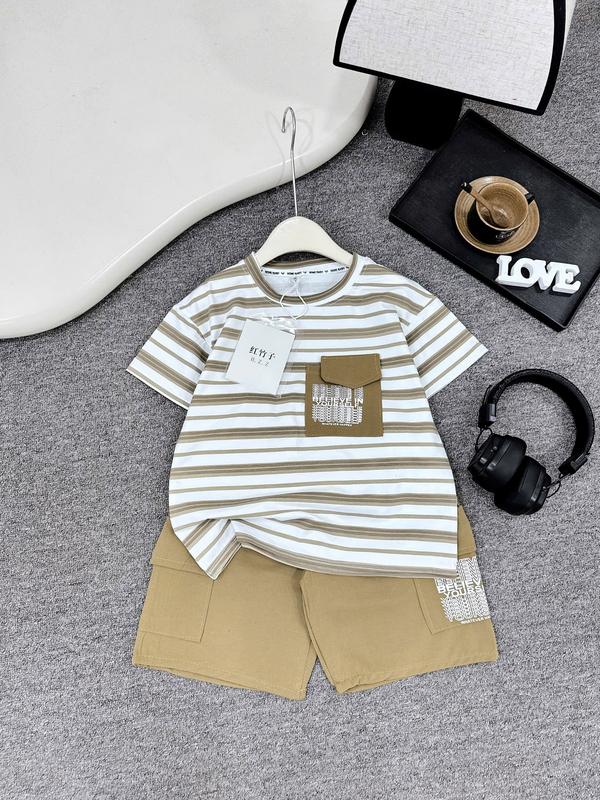 (Mon kids) 18-60kg. Bộ quần áo cộc tay kẻ chất cotton co giãn 4 chiều, quần kaki mềm mại cho bé trai 6