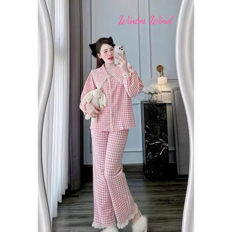 (Winter Wind) SÉT BỘ PYJAMA DÀI KẺ BÈO CÚC REN XINH SIU HÓT Win002 2