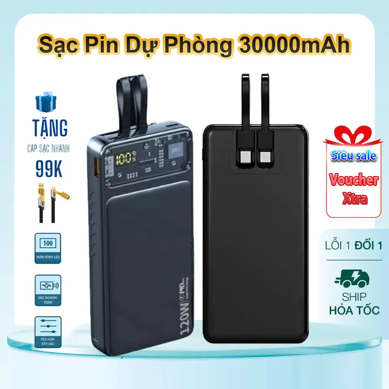 [Tặng Cáp Sạc Nhanh 4in1] Sạc Dự Phòng 30000mmAh, Công Suất 120W, Hỗ Trợ Sạc Nhanh 22.5w và PD 20W, Tích Hợp Dây Sạc Và Màn Hình LED Hiển Thị Phần Trăm Pin 0