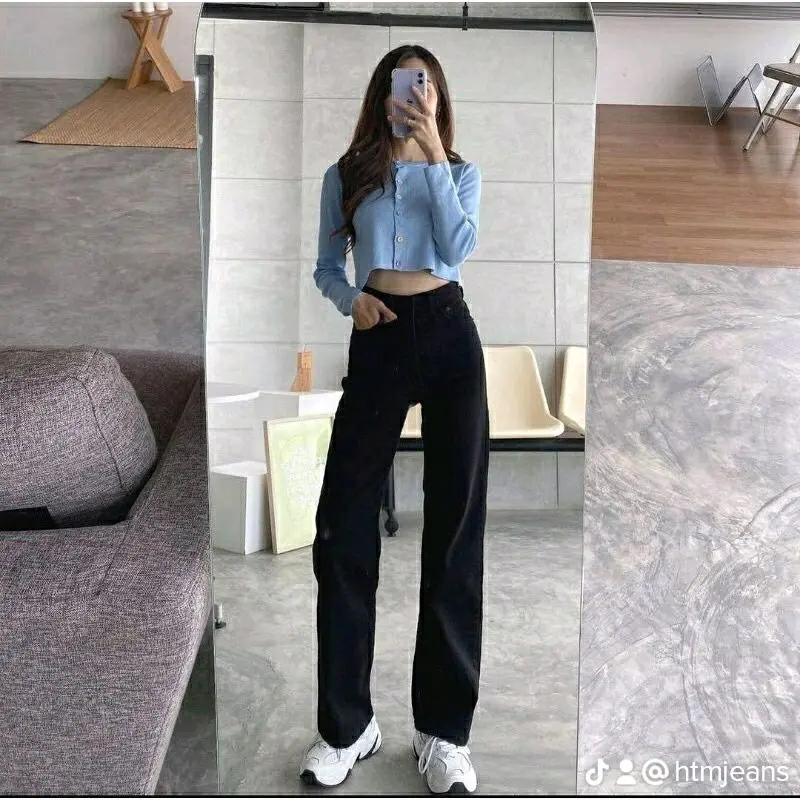HTM - Hight waist Loose Jeans Hangover Celana Panjang Jeans Wanita Jumbo Bawahan 1
