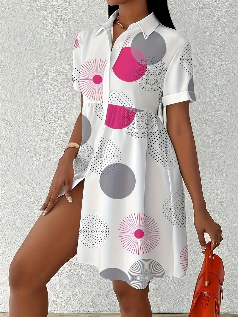 Product Introduction of 【Plus Size】 All Over Print Shirt Dress, Casual Short Sleeve Collared Dress for Summer, Women's Clothes for Daily Wear 3
