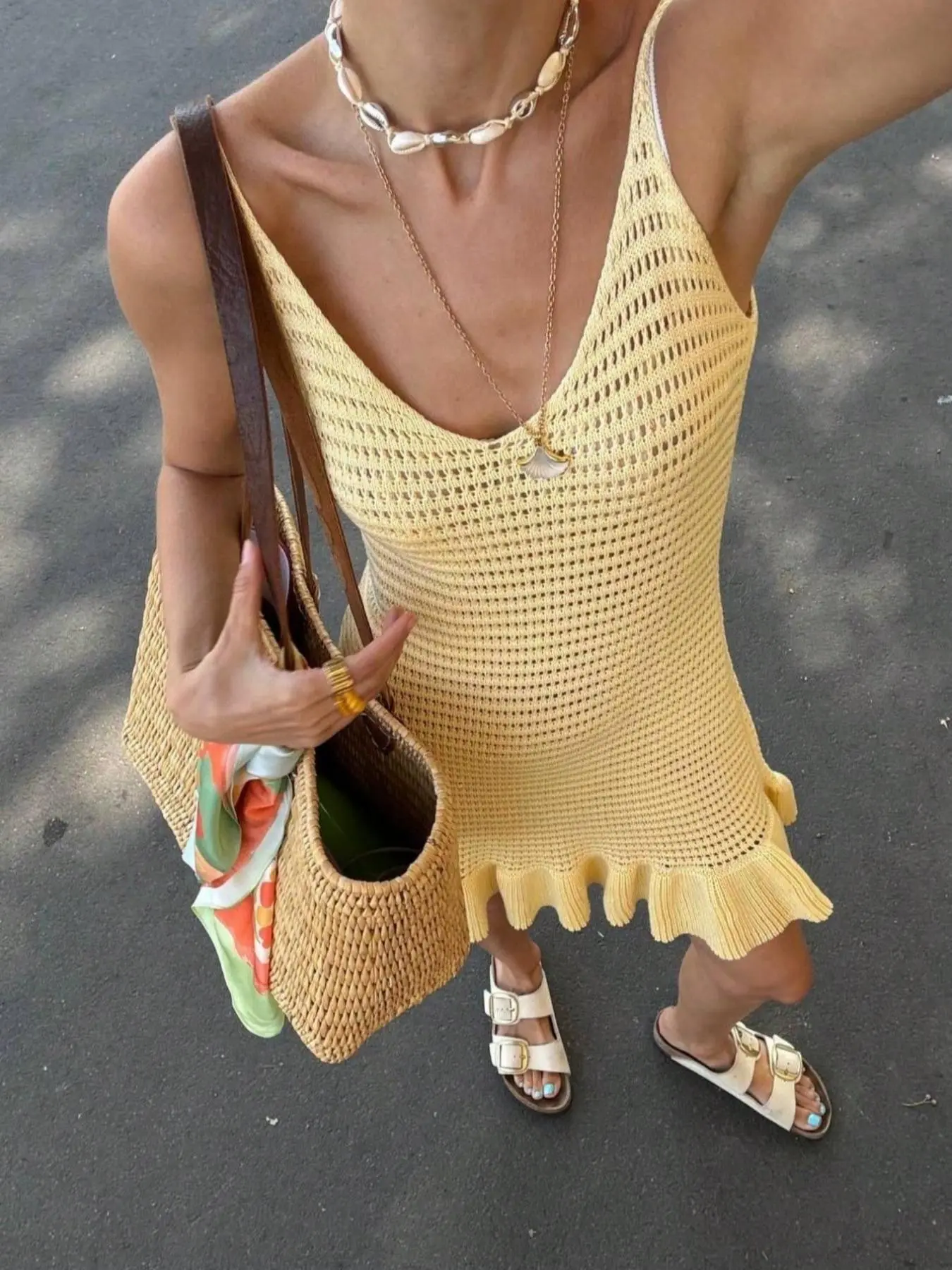 Women's Plain Crochet Knit Fishnet Dress, Casual Sleeveless V Neck Short Dress for Summer, Ladies Clothes for Beach Holiday Vacation