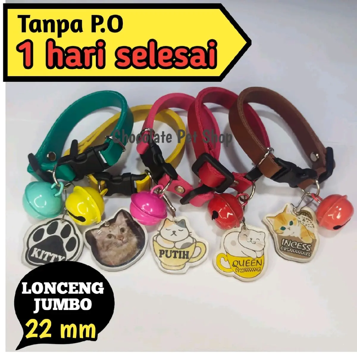 Kalung Kucing kulit sintetis Custom Nama PVC/Akrilik,lonceng jumbo 22mm