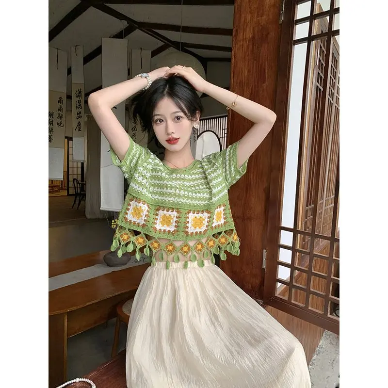 Bộ Đồ Mùa Hè, Phong Cách Bohemian Cổ Điển Tua Rua Thiết Kế khoét Màu Tương Phản Đồ Len Áo ngắn Tay Kèm Váy Cho Nữ