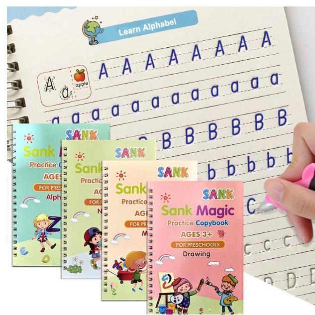 4Books/Set Magic Practice Writing Book Reusable Learning Copybook Reading Book with Pen 0