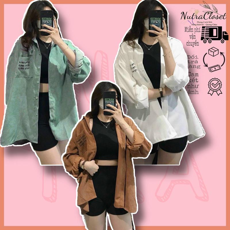 Áo khoác ngoài sơmi có túi in chữ kaki nhung gân gài nút unisex nam nữ