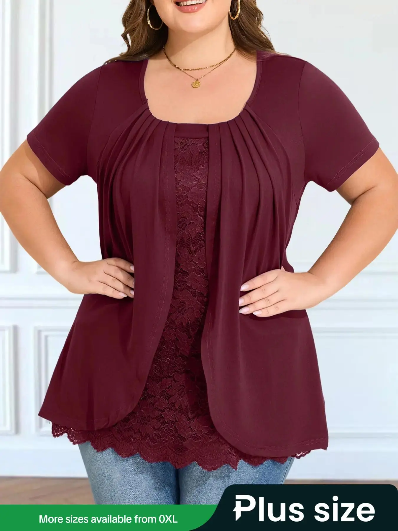 【Plus Size】 Plain Contrast Lace 2-IN-1 Tee, Casual Short Sleeve T-shirt for Summer, Elegant Classy Tops, Women's Plus Clothing for Daily Wear