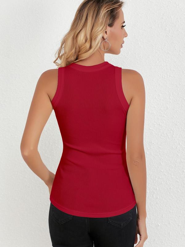 Women's Solid Round Neck Ribbed Tank Top, Casual Sleeveless Top for Daily Wear, Ladies Clothes for All Seasons 1