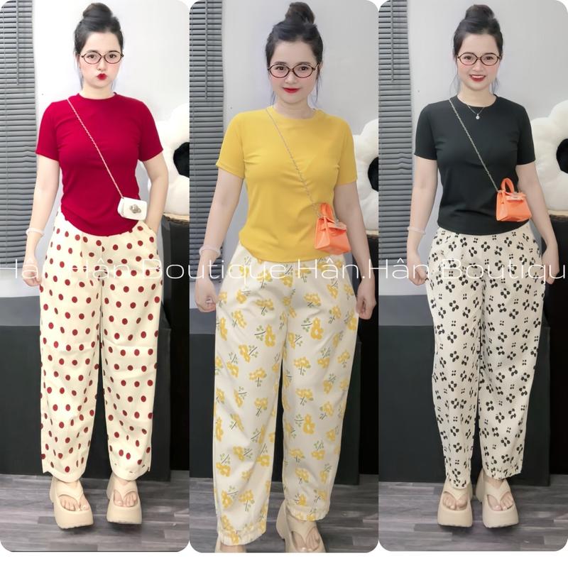 D22 Bộ Áo Thun Nữ Tăm Lạnh+Quần 9Tấc Baggy Lai Bèo Mặc Xinh