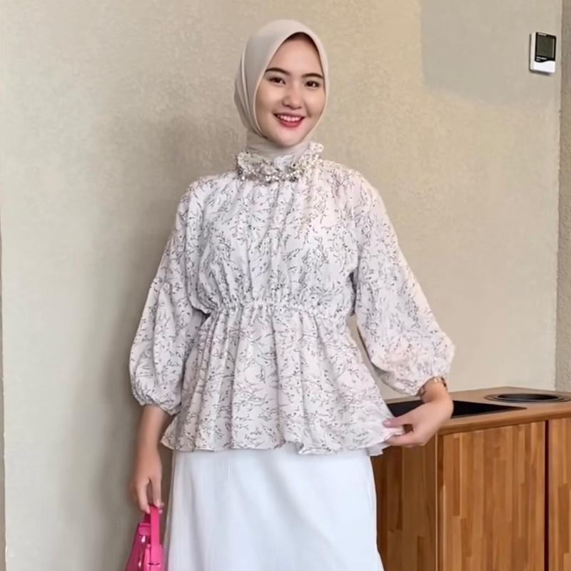 FLORAL OLLA BLOUSE MOTIF BUNGA ATASAN PINGGANG KARET / BLOUSE KOREAN VINTAGE Wolfis Wanita Atasan Panjang Baju  Cewek Dewasa olla blouse korean style Casual 4