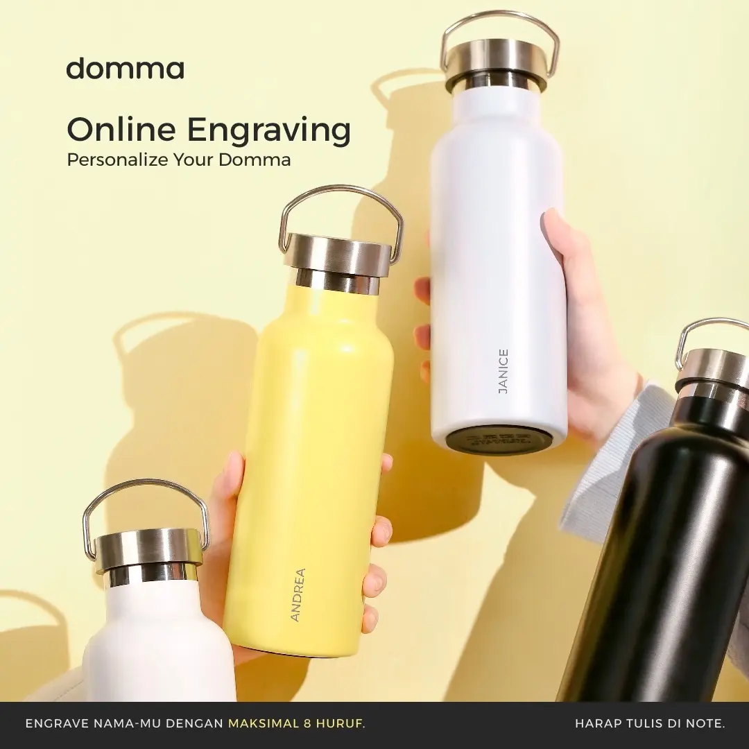 [Domma] CUSTOM ENGRAVE - 500 ml Metal Handle Lid Insulated Reusable Tumbler Water Bottle - Double Wall Stainless Steel Botol Minum Thermos Kopi Teh Hadiah Hampers Natal Lebaran Gift Vacuum