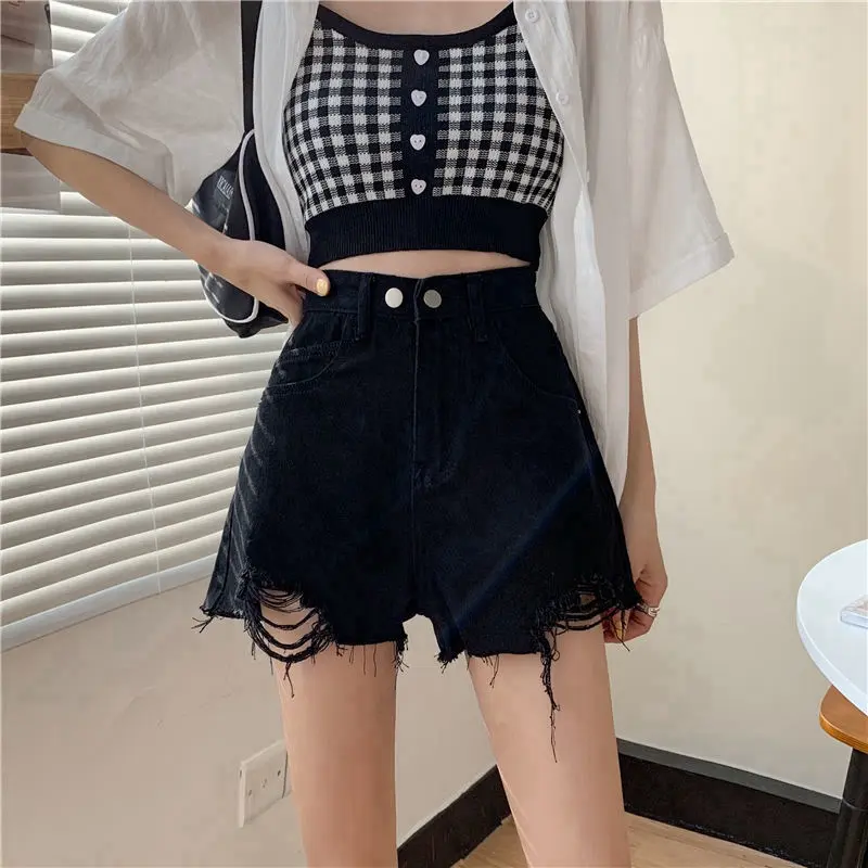 Black New Denim Shorts Womens Summer Korean Style Ripped High Waist Slimming Wide Leg Pants for Outer Wear A- line Hot Pants Fashion Cotton Jeans