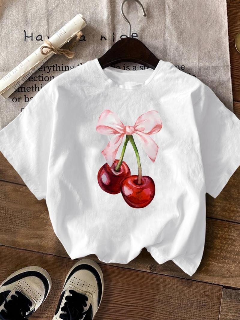Product Introduction of Women's Cherry & Bow Print Short Sleeve Tee, Casual Round Neck T-shirt for Summer, Women's Top for Daily Wear 5