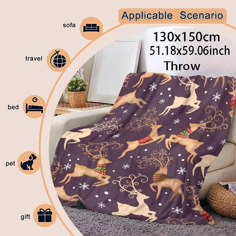 Elk & Snowflake Pattern Blanket, 1 Count Christmas Soft Air-conditioned Room Throw, Warm Nap Blanket for Home Office Travel Camping 2
