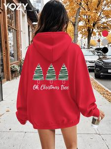 YOZY Women's Tree & Letter Print Drop Shoulder Hoodie, Fashion Casual Long Sleeve Kangaroo Pocket Hooded Sweatshirt for Daily Holiday Outdoor Wear, Women Clothing for Fall & Winter