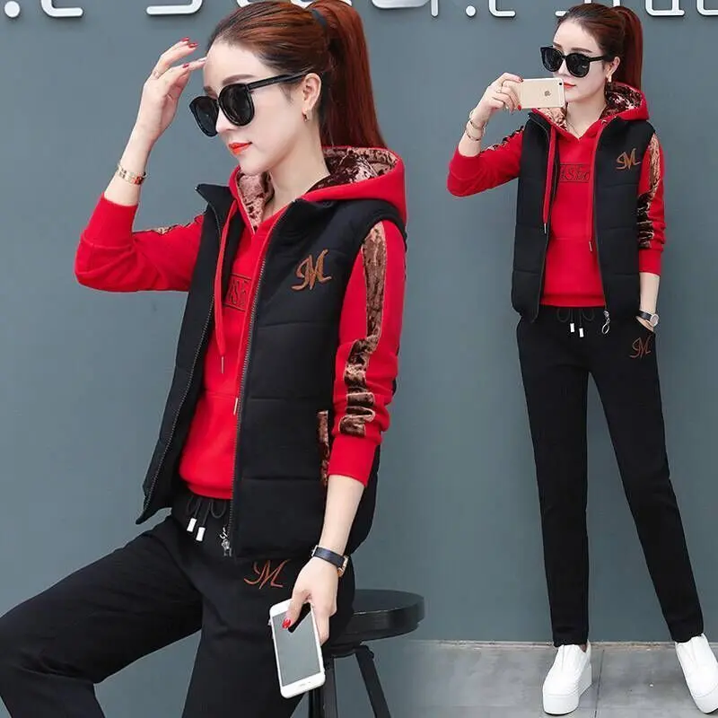 Bộ Đồ Quần Áo Thể Thao Ngoại Cỡ Lót Lông Cừu, Bộ Đồ Ba Mảnh Thường Ngày Mùa Thu Và Mùa Đông Cho Nữ, Bộ Đồ Thời Trang Mùa Đông, Bộ Đồ Nữ, Dày Hơn Top Women Polo
