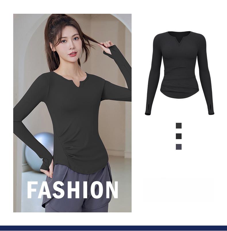Product Introduction of New Running Sports Fitness Women'S Solid Color V-Neck Hoodie Long Sleeve Yoga Top 2
