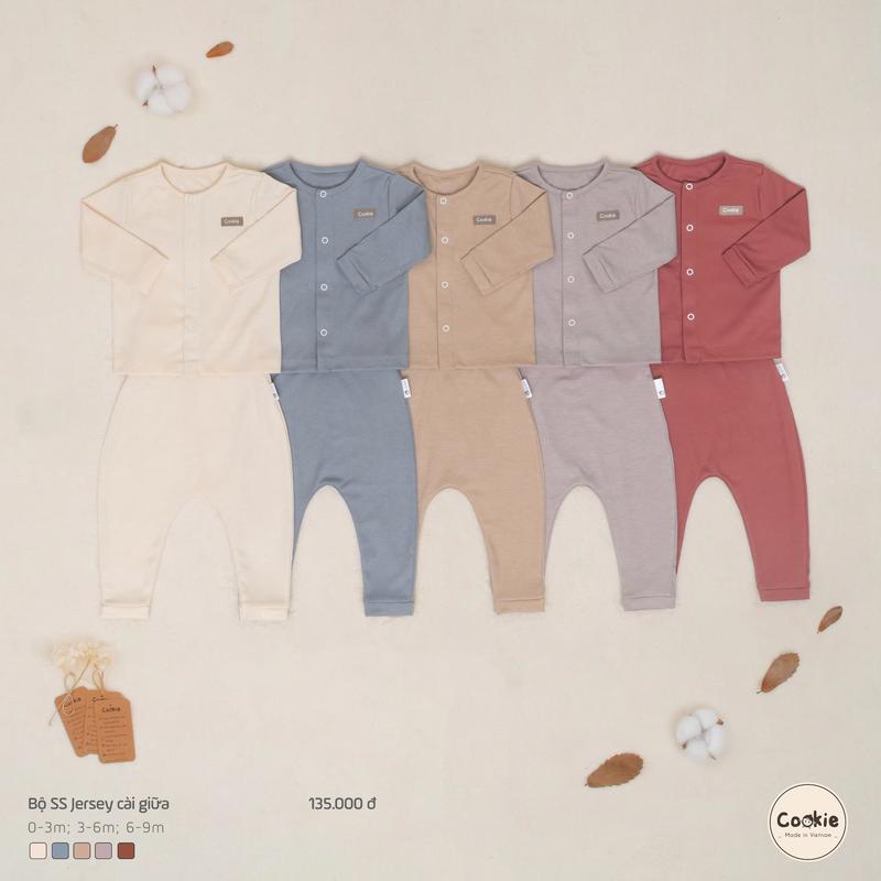Bộ Quần Áo Sơ Sinh Mặc Thu Đông Jersey Cookie Cài Giữa Cho Bé Từ 0-3m, 3-6m & 6-9m, Chất Jersey Top quanao  tresosinh Tee Baby Tee bososinh Nữ Women Cổ Tròn
