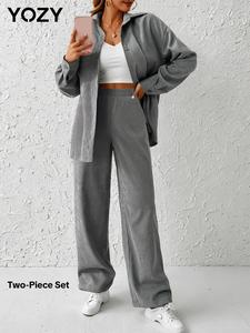 YOZY Two-Piece Set Women's Plain Button Front Drop Shoulder Shirt & Elastic Waist Pants Set, Casual Fashion Cozy Outfits for Daily Outdoor Wear, Women Clothes for All Seasons, Valentine's Day Outfit