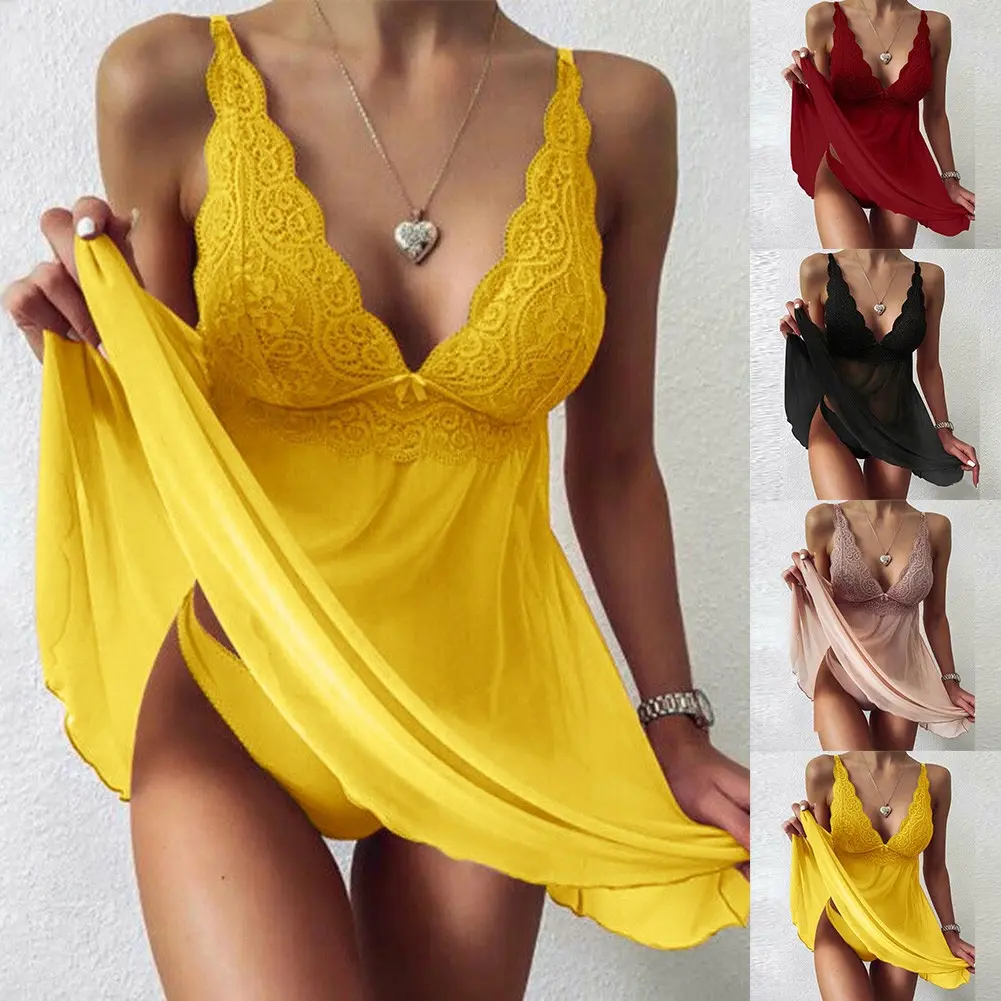 [YLTK] Sexy Womens V-neck Lace Nightdress Sleepwear Lingerie Robe Underwear Dress