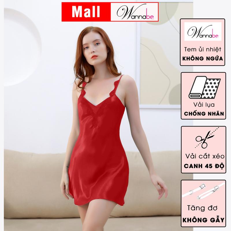  Đầm ngủ lụa cao cấp WANNABE váy ngủ 2 dây đính ren vai lưng khoét chữ V sâu viền ren khoe lưng quyến rũ Nữ Women Dress  Thun DNS39 