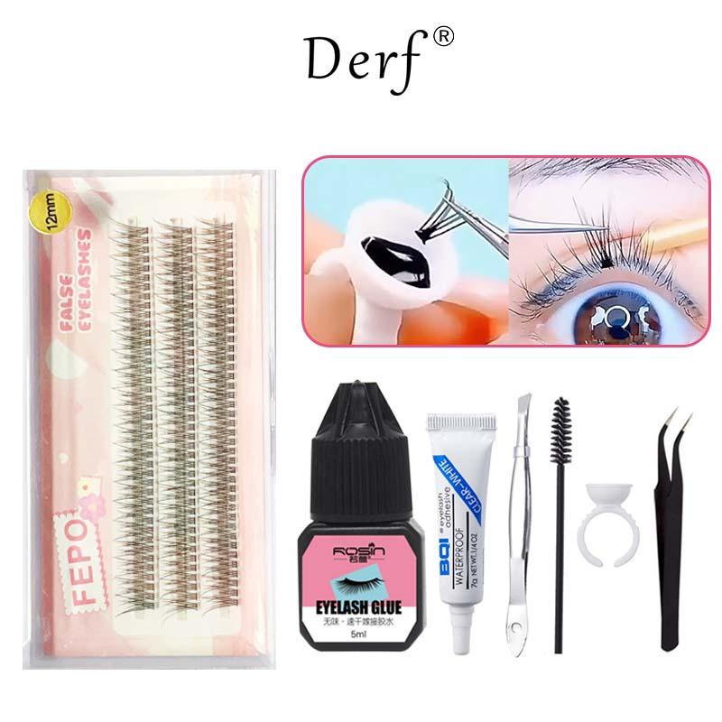 Bộ Ghép Lông Mi Cho Người Mới Làm Quen, 7 Chiếc, Với Lông Mi Giả Đuôi Cá, Để Mở Rộng Tự Nhiên Cho Hai Mắt, Có Kích Thước 8mm / 10mm / 12mm, Bao Gồm Keo Lông Mi Giả, Nhíp Và Cốc Keo