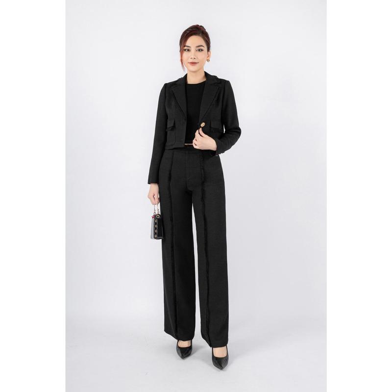 BAD72924 - Áo vest công sở vải thô dạ dáng croptop có lót vải lụa gió cổ hai ve phối tua rua có túi - PANTIO