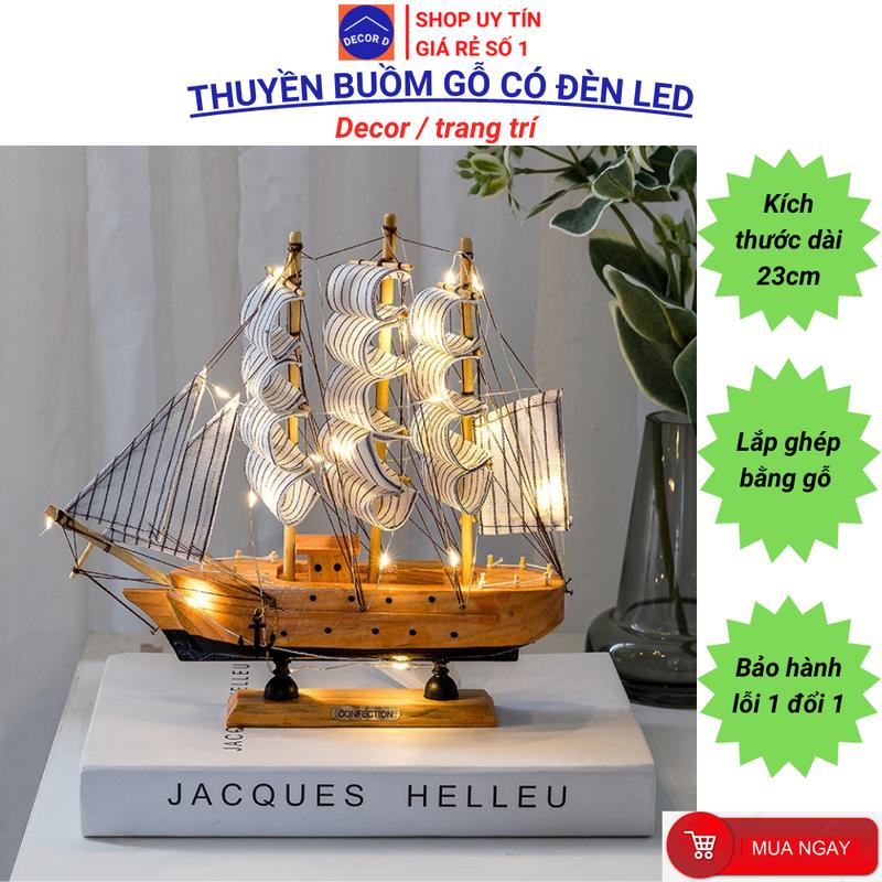 Thuyền buồm gỗ mô hình có đèn Led ánh sáng đặc sắc - Decor, trang trí nhà cửa [Ráp sẵn, Tặng Led] Tượng
