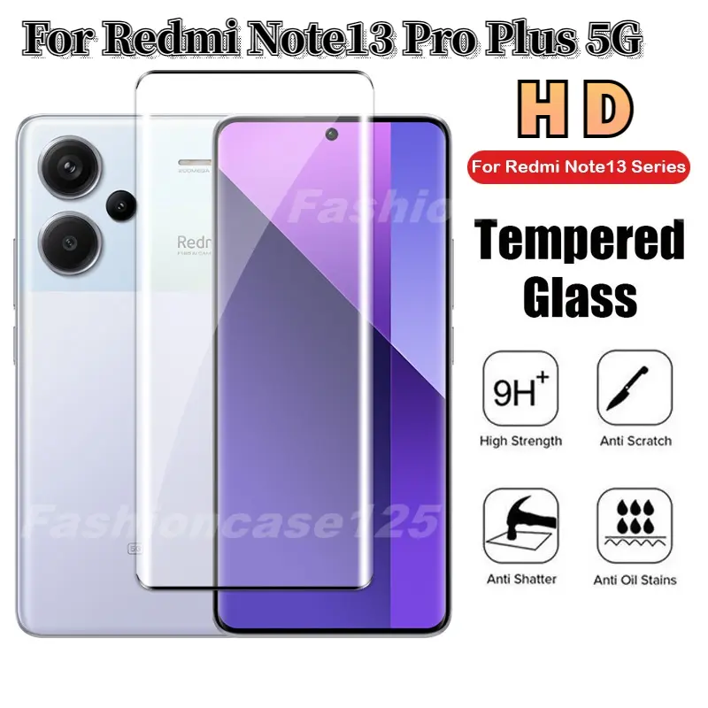 Pelindung skrin melengkung untuk Xiaomi Redmi Note 13 Pro Plus 5G, penutup kaca terbaja HD penuh, filem pelindung pandangan yang jelas, anti calar, kekerasan 9H, anti calar