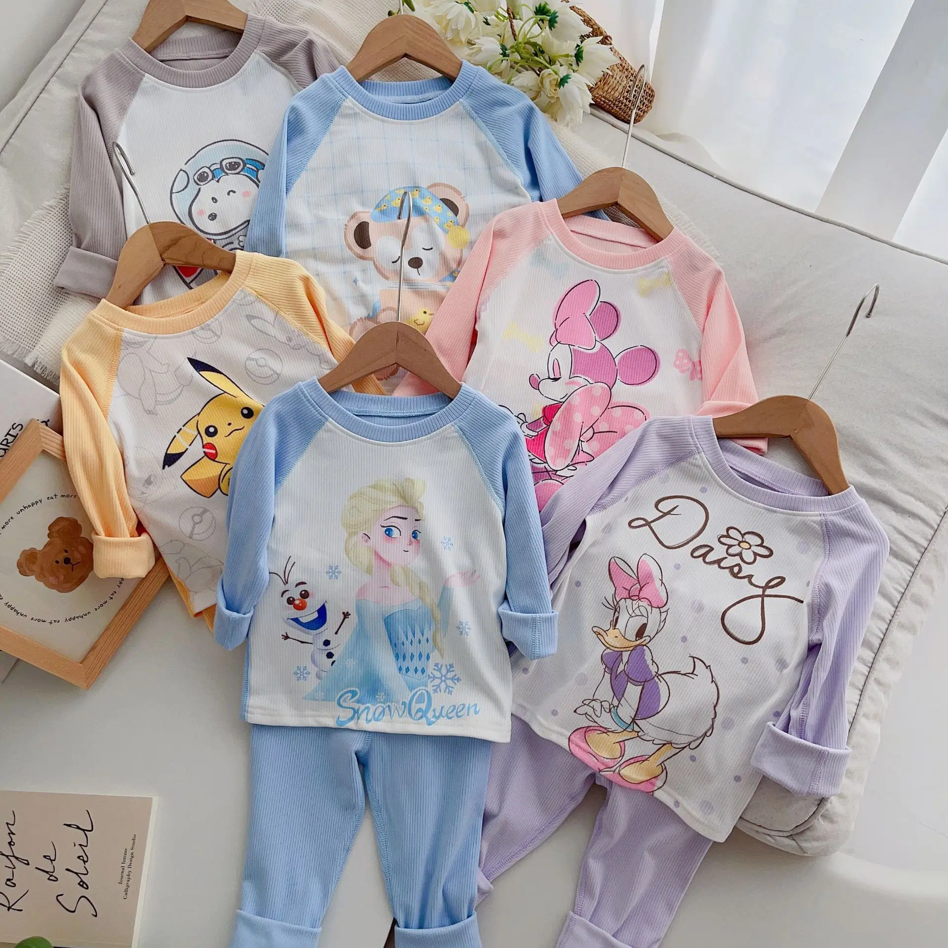 8-22kg Bộ Thun Tăm Lạnh In Hình Ngộ Nghĩnh cho bé trai bé gái diện thu