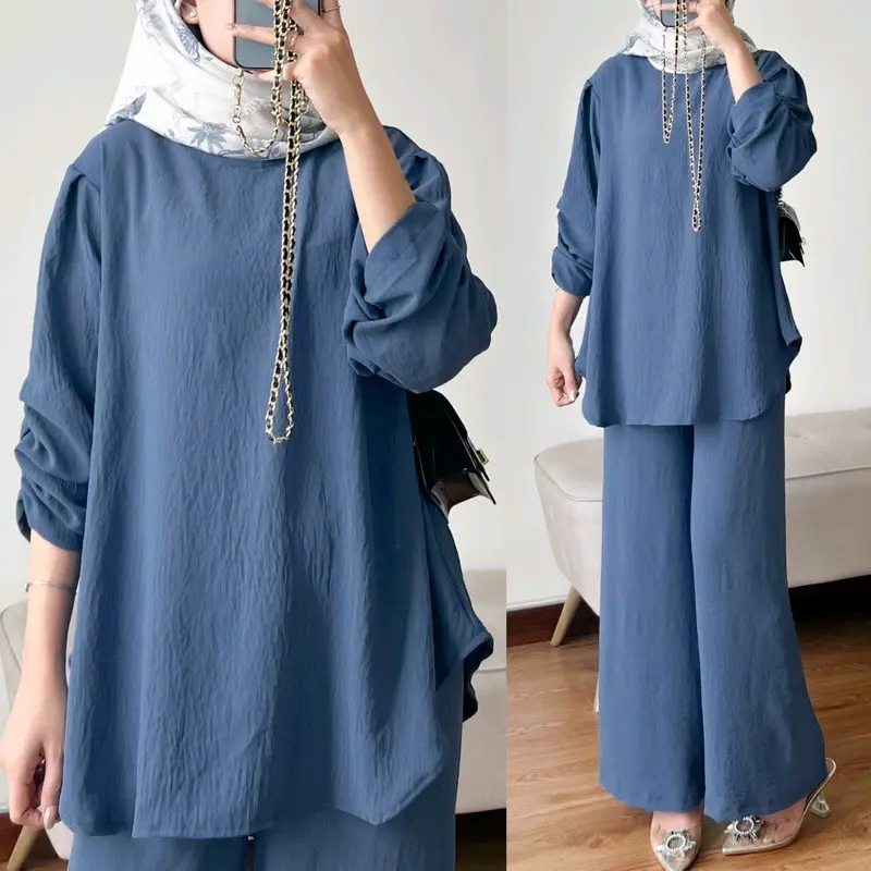 Raveena One Set Tangan Kerut | Setelan Baju Atasan Wanita Dewasa Muslim Karet Crinkle Airflow | Celana Kulot Panjang 1