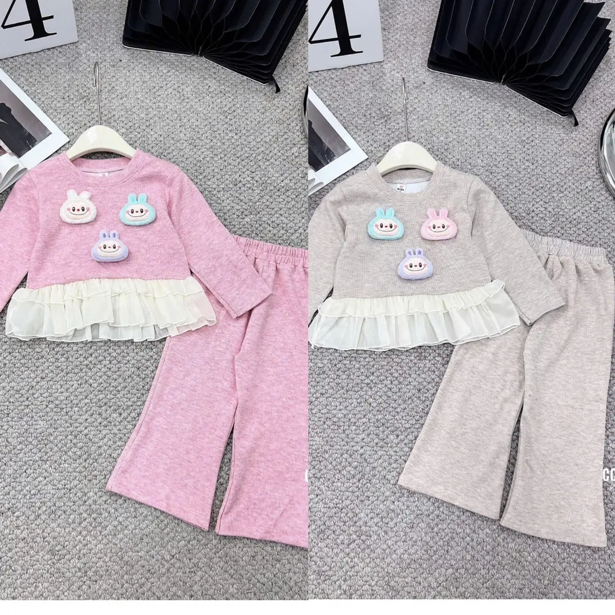 BỘ LEN LÔNG THỎ LABUBU [9-30kg] HÌNH DỄ THƯƠNG DÀNH CHO BÉ GÁI 2 mầu hồng+ghi 9-30kg