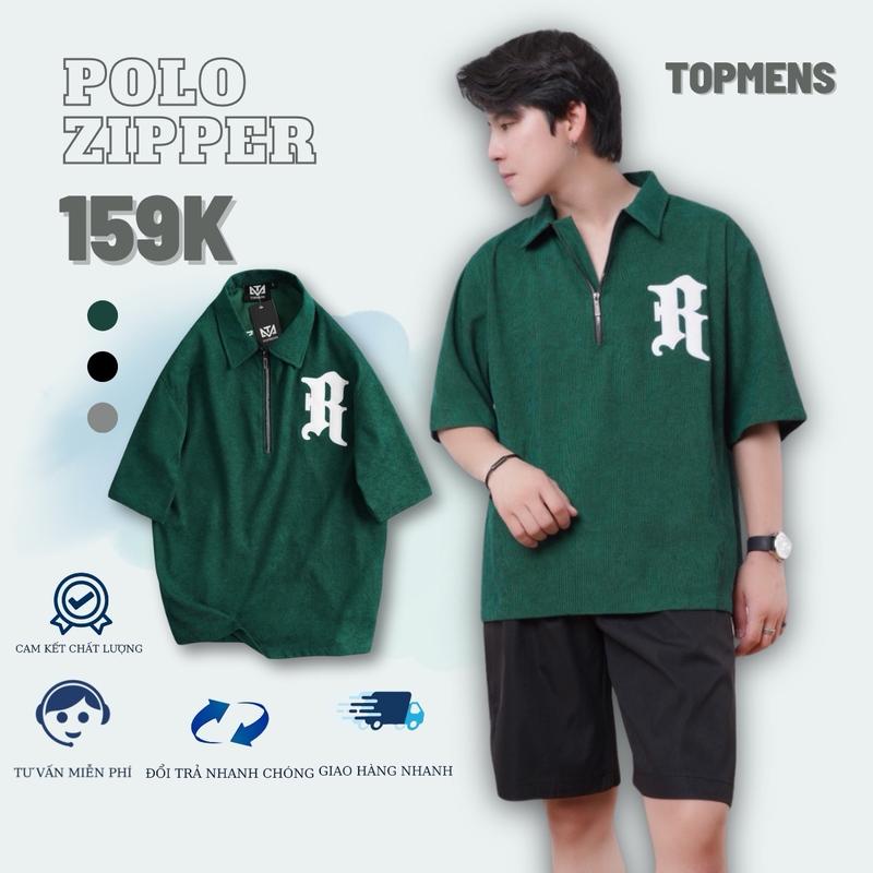 Áo polo khoá kéo - topmens - áo sơ mi unisex - áo Nhung tăm thêu chữ R Menswear Đen Kem