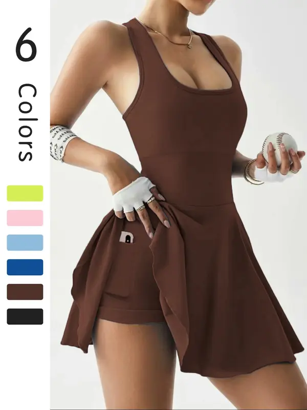 Women's Solid Color Sports Dress, Sporty Sleeveless Tennis Dress for Daily Outdoor Wear, Tennis Athletic Dress, Ladies Sportswear for Summer, Tennis Attire 4