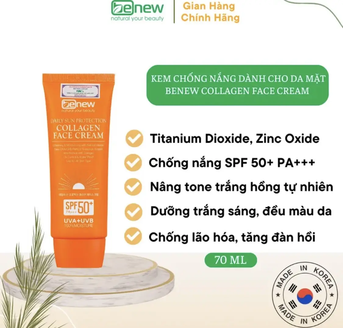 Kem Chống Nắng Benew Daily Sun Protection Collagen Face Cream Spf 50pa +++ Hàn quốc 70ml giúp chống nắng, kiềm dầu, thời gian chống nắng 4-6 giờ, không gây nhờn và bết dínhKem dưỡng da Tất cả các loại da Whitening Skincare Women Nữ