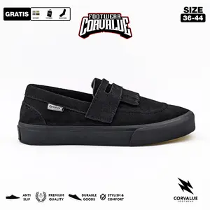 Sepatu Corvalue Footwear -  Sepatu Slip On Pria Wanita ONIMARU fullbalck Original Shoes  Flat Kerja Sneakers Kasual Hitam