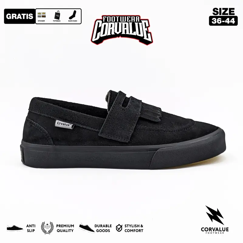 Sepatu Corvalue Footwear -  Sepatu Slip On Pria Wanita ONIMARU fullbalck Original Shoes  Flat Kerja Sneakers Kasual Hitam