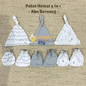 (Bonana Baby) Paket Hemat 9 in 1 3 Pasang Sarung Tangan 3 Pasang Sarung kaki 3 Set Topi / Kupluk Bayi New Born Laki Laki Perempuan Kazuka Abu Beruang - KABTS
