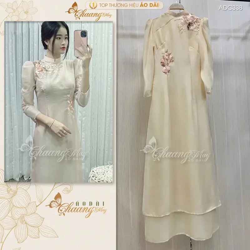 Áo Dài Cách Tân Nữ Thiết Kế Tay Bồng Lụa Tơ Hồng Da Nude Be 4 Tà Ren Hoa Cao Cấp Dự Tiệc Lễ Tết Đẹp Kem Women Dress Nhung ADC338 3