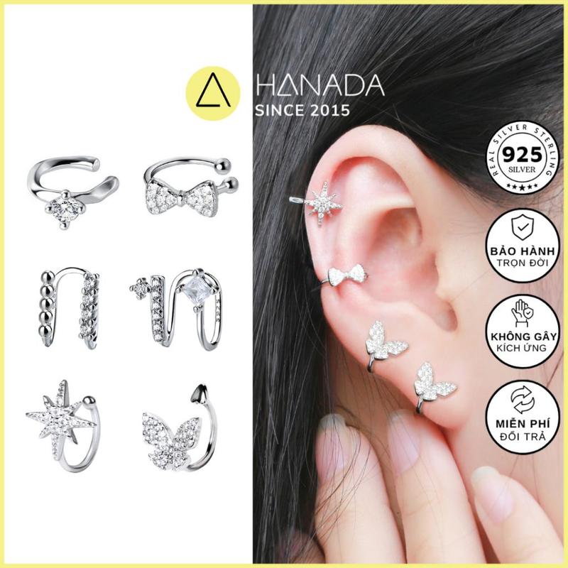 BH TRỌN ĐỜI Tổng Hợp Bông Tai BẠC 925 HANADA kẹp vành tai phụ kiện Không Cần Lỗ Xỏ Đính Đá cách điệu đa phong cách khuyên không bấm cá tính Nam Nữ Women