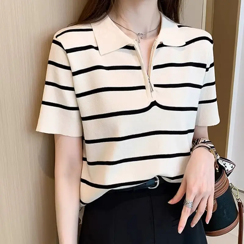 Áo Thun Mùa hè, dành cho nữ, Hàng mới về, Ve áo, Sọc dệt kim, Cổ áo có dây kéo, Ngắn tay