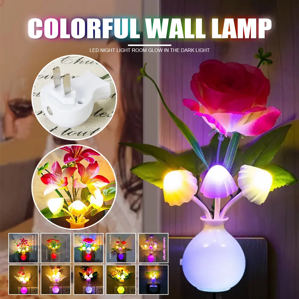 LED Flower Mushroom Night Light Plug Energy Saving for Kids Children Bedroom Hallway Tulip Flower Lamp