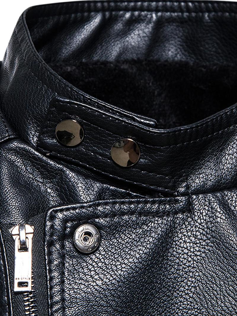 Product Introduction of Plain Pocket Button Buckle Decor PU Leather Men's Winter Jackets, Slim Casual Stand Collar Long Sleeve Zip Up Outerwear For Fall & Winter, Lounge Men's Clothes For Daily Wear, Coat 10