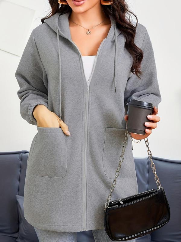 Women's Plain Drawstring Pocket Zip Up Thermal Lined Hoodie, Casual Drop Shoulder Long Sleeve Hooded Sweatshirt for Daily Wear, Ladies Clothes for All Seasons 0