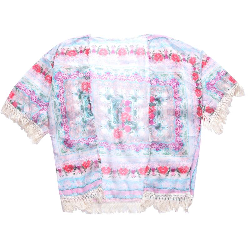Women Bikini Cover Up, Floral Printed Bat Sleeve Cardigan Bikini Cover Up, Tassel Hem Loose Smock for Swimming Suits 0